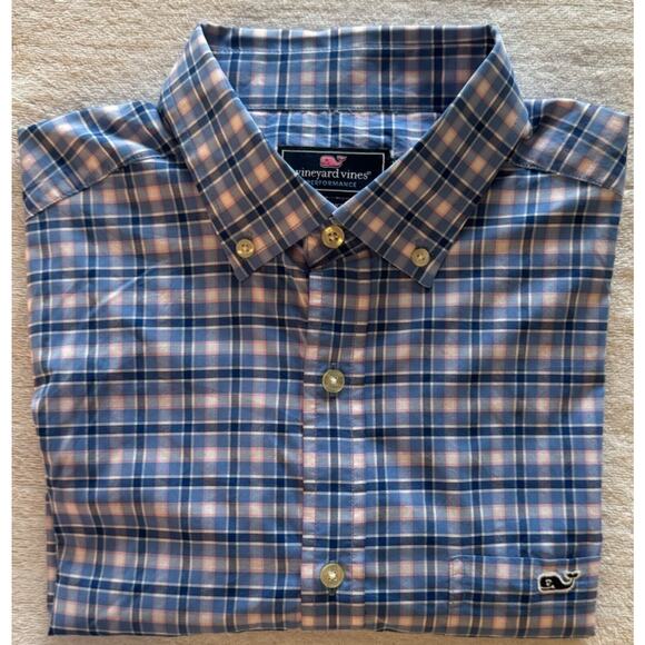 Vineyard Vines 97% Nylon/3% Spandex Men's L/S Button Shirt L Blue Plaid A+ - Picture 1 of 4